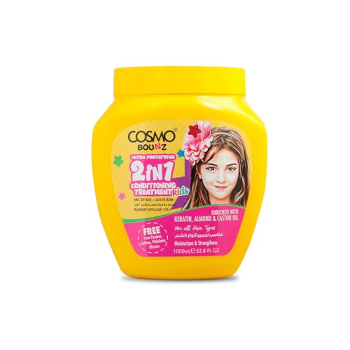 Cosmo Bounz Hair Care Ultra Fortifying Kids 2 In 1 Conditioning Treatment 1000ml Yellow For All Hair Types, Hair Treatment, Strengthens, Nourishes, With Keratin, Almond & Castor Oils, Leave In Creams