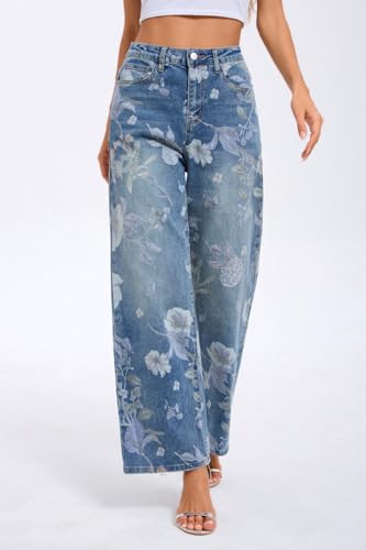 Jeans for Women Floral High Waisted Straight Leg Stretchy Jeans Summer Cute Printed Denim Pants2