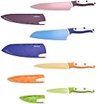 Starfrit 4-Piece Set de couteaux, Lames en acier inoxydable à haute teneur en carbone avec revêtement non-brillant, gaines de protection autoparpillées, poignées rivetées ergonomiques, Utilitaire Chef Santoku & Couteaux Paring, multicolores