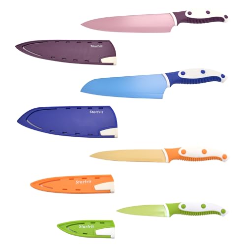 Starfrit 4-Piece Knife Set, High Carbon Stainless Steel Blades with Non-Stick Coating, Self-Sharpening Protective Sheaths, Ergonomic Riveted Handles, Chef Santoku Utility & Paring Knives, Multicolored by Starfrit - Used condition - CA$20.22