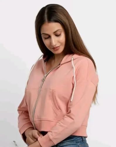 Image of Rabboni Women's Crop Fleece Hoodie Jacket | Full Sleeve Zip-Up Hooded Sweatshirt for Women & Girls | Soft Warm Casual Winter Wear Crop Hoodie