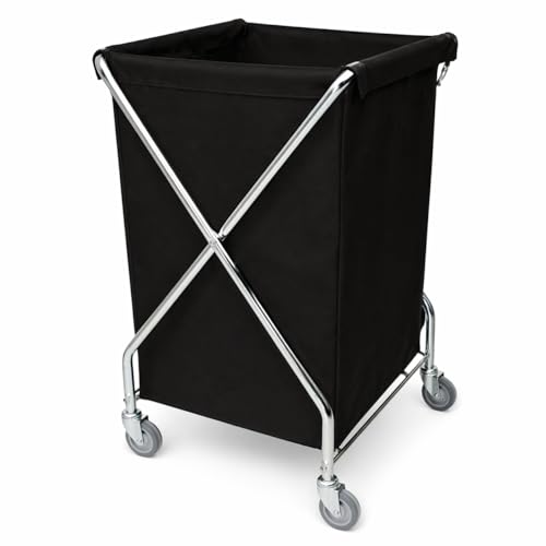 Carro de Ropa Plegable Profesional 200L – Estructura de Hierro Cromado con Bolsa Lavable – Carro Lavandería con Ruedas – Uso en Hoteles, Hospitales y Colectividades (Negro)