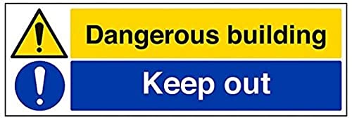 V Safety Dangerous Building/Keep Out Warning Sign - 600mm x 200mm - 1mm Rigid Plastic