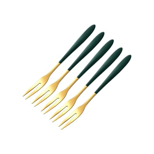 OZXLH 304 Stainless Steel Fruit Fork Snail Fork Dessert Cake Forks Salad Fork For Party Kitchen Tableware Set Gold Two-tine Forks SET(Green 5PC)