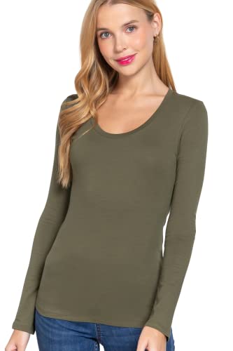 Khanomak Women's Plain Casual Scoop Neck Long Sleeve Tee T-Shirt (Medium, Olive)