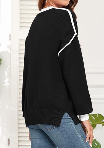 WEACZZY Women's 2025 Fall Fashion Crew Neck Long Sleeve Oversized Color Block Sweaters Ribbed Knit Side Slit Pullover Tops4