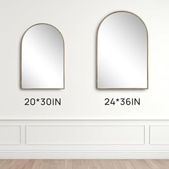 Wemily Arched Wall Mirror for Bathroom, 20"x30"-Ornate Decorative Bathroom Mirror with Beaded Metal Frame - Modern Distressed Hanging Wall Decor for Bedroom/Living Room/Entryway-Antique Gold Mirror