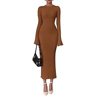 PRETTYGARDEN Sweater Dresses for Women 2025 Fall Bell Long Sleeve Crew Neck Bodycon Maxi Dress Winter Ribbed Knit Outfits (Caramel,Medium)