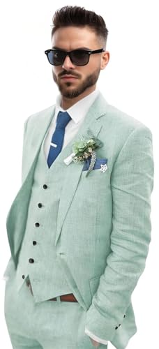 Linen Suits for Men Slim Business Leisure 3 Pieces Wedding Tuxedo Grooms Blazer Vest Pants One Button Single Breasted Suits