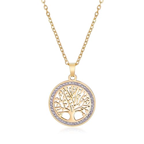 Dreamtimes Tree of Life Necklace for Women Stainless Steel Gold Color Clear Zircon Round Pendant Neck Chains Family Tree Fashion Charm Luxury Jewelry Wedding Gift