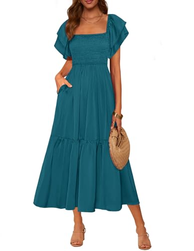 MASCOMODA Womens Summer Casual Midi Dress Square Neck Ruffle Short Sleeve Smocked High Waist A Line Wedding Guest Dresses(Dark Cyan,XX-Large)