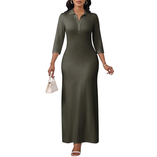 Image of PinkPatty Women's Casual 3 /4 Sleeve Polo V Neck Bodycon Maxi Dress