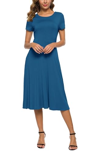 Image of EXCHIC Women's Casual Round Neck Short Sleeve Midi Dress Solid Stretchy Waist Knee Long Dress