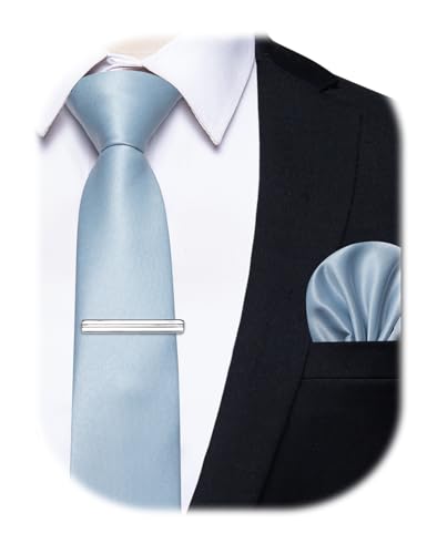 Image of YourTies Skinny Ties for Men Satin 2.4 inch Slim Necktie with Pocket Square Tie Clip Set Solid Color Wedding Party Business