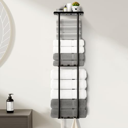 Towel Racks for Bathroom 36.6 inch Metal Towel Storage 8 Large Bath Towels Capacity 3-Tier Towel Holder for Bathroom with Shelf & 6 Hooks Wall Mounted Towel Rack for Rolled Towels Black