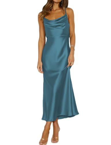 Image of Summer Satin Spaghetti Strap Cowl Neck Backless Midi Dresses for Women Elegant Tie Low Back Ruched Cocktail Dress