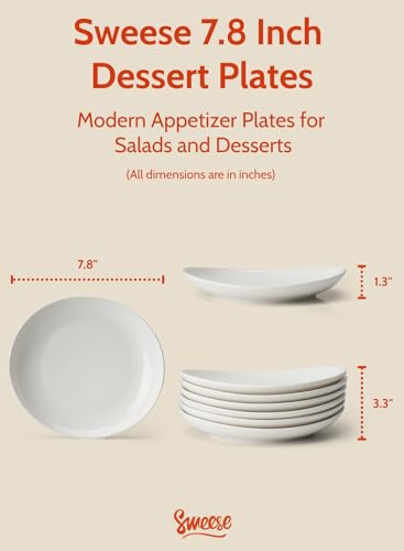 Sweese 151.001 Porcelain Dessert Salad Plates - 7.8 Inch - Set of 6, White