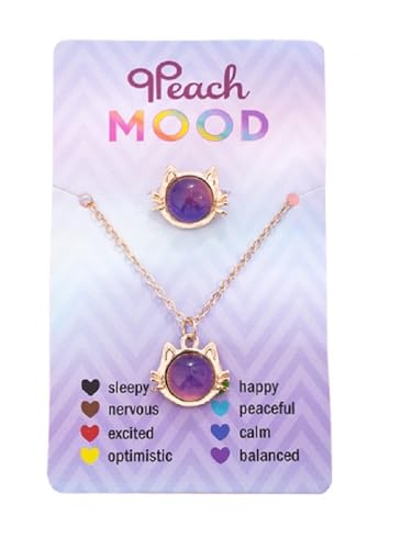 KZL Temperature Sensing Color Changing Mood Necklace Ring Set Cute Cat Unicorn Round Love Heart Shape Pendant Necklace Open Rings with Card for Women Couple Friendship Jewelry Gifts -Cat