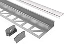 Tivendis Led Alu Profil 2 m F2 mit Zubehör für Strip/Streifen bis 14 mm breit | Abdeckung satiniert milchig | Einbau Abschlussleiste Abschlussprofil Fliesenschiene eloxiert