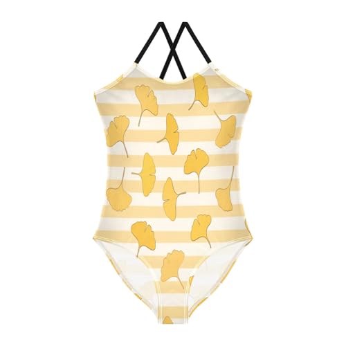 Yellow White Striped Ginkgo biloba leafGirls Swimsuits 1-Piecing Girls Bathing Suits Girls' Swimwear Traje de ba?o para ni?a 3t