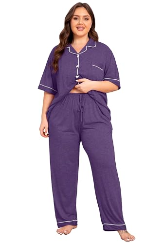 Image of Vozanet Women Plus Size Pajamas Button Down Rayon Softness PJS Classic Sleepwear Short Long Loungewear 2pcs with Pockets