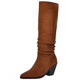  Bviennic Femmes Pointu A Enfiler Knee Slouch Bottes Cowboy Vintage Fourrure Lined Warm Bloc Bottes Cowboy Camel Taille 39 EU-40Cn