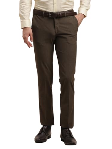 Image of Turtle Men Brown Slim Fit Dobby Flat Front 4 Way Stretch Formal Trouser