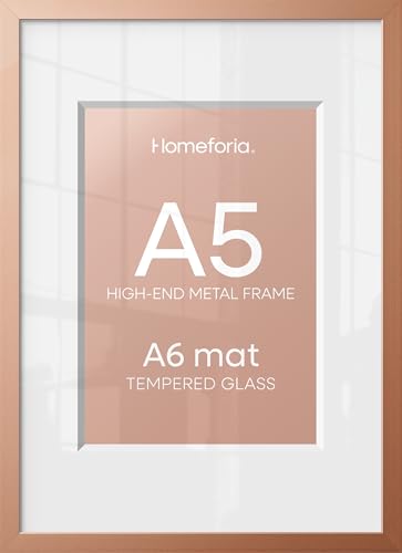 Image of Homeforia A5 Frame Rose Gold, High End Metal 5.8 x 8.3 Picture Frames Matted to 4.1 by 5.8 inch Art, A5 Display Photo Frame with Mat A6, 5.8x8.3 Rose Poster Frames, Tempered Glass, Wall Kit, Set of 1