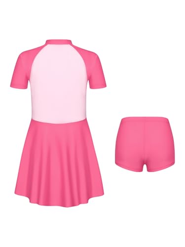 Yartina Girls 2-Piece Sun Protection Swimsuit Short Sleeve Zip Rash Guard Contrast Color Dress with Shorts2