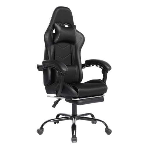Image of Gaming Desk Chair for Adults, Ergonomic Gaming Chair with Footrest & Headrest and Lumbar Support, Leather Material Height Adjustable Computer Video Game Chairs (Black Upgrade)
