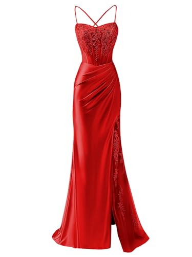 VGZ Satin Spaghetti Straps Prom Dresses Lace Appliques Mermaid Long Formal Evening Gown with Slit4