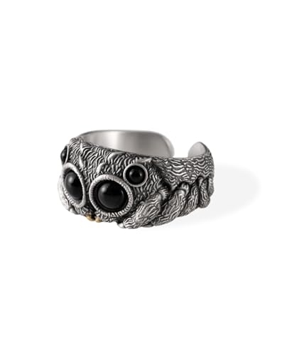 COPPERTIST.WU Jumping Spider Ring for Men Women, Black Agate 925 Sterling Silver Open Rings Personalized Spiders Jewelry Gifts