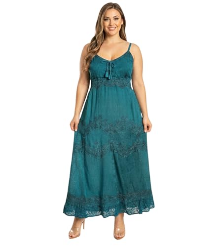 Image of Sakkas Stonewashed Rayon Embroidered Adjustable Spaghetti Straps Long Dress