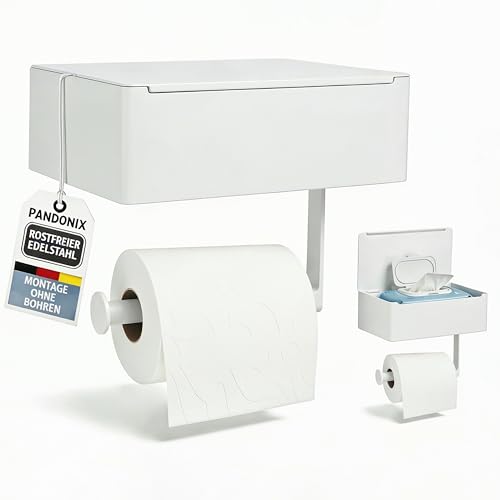 Pandonix Toilettenpapierhalter mit Feuchttücherbox weiß - Edelstahl - Toilettenpapierhalter ohne Bohren - klopapierhalter mit feuchttücherbox - Selbstklebender Klopapierhalter ohne Bohren