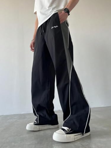 Image of GRECIILOOKS Track Pants for Men Baggy Wide Leg Korean Streetwear Trousers | Relaxed Fit Baggy Pants for Men with Drawstring Waist | Casual Oversized Lower for Travel, College & Everyday Wear
