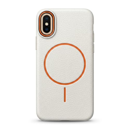 Image of amazon basics Luxury MagSafe Compatible Leather Texture Back Cover for iPhone X | Raised Camera Protection | Slim Fit Shockproof Case with Metallic Accents (White)