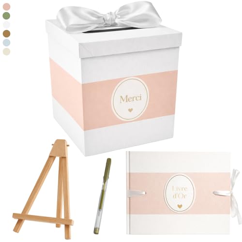 Un Jour En Or - Pack Signature Rose et Blanc : 4 éléments (Urne Merci, Livre d’or, Stylo encre doré, Chevalet en bois) pour mariage, baptême,...