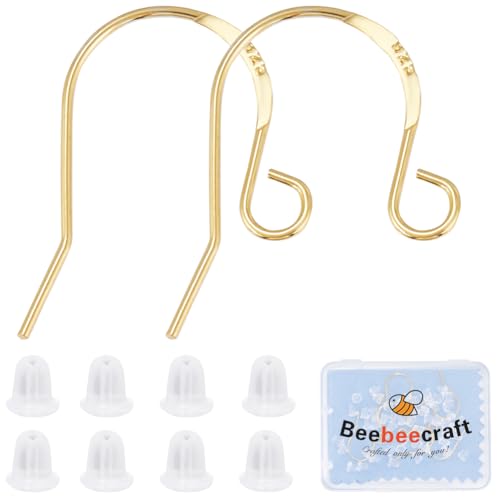 Beebeecraft 5 works/Box Real 18K Gold Plated 925 Sterling Silver Ear Wires French Earring Wires Fish Hook Earring Hooks with Ear Nuts and Loop Earring Findings for Jewelry Making Supplies DIY Crafts