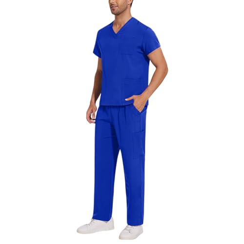 Scrubs for Men Set 2025 Spring Summer Uniform Stretchy V-Neck Scrub Top & Cargo Pant with Multi Pockets2