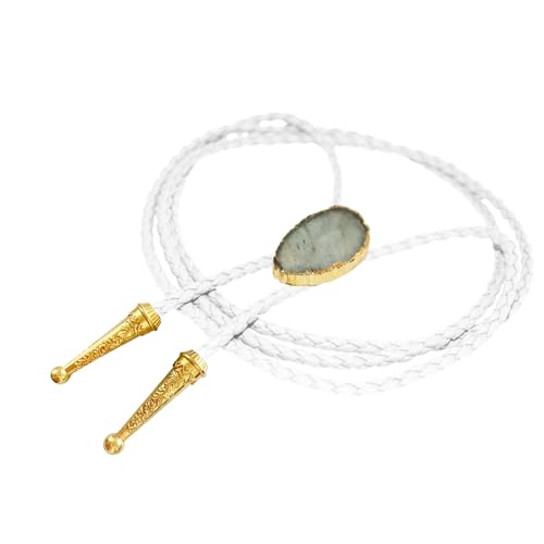 Image of Daisy Del Sol Gemstone Bolo Tie Braided Vegan Faux Leather Natural Stone Gold Handmade Necklace Adjustable Boho Western Jewelry