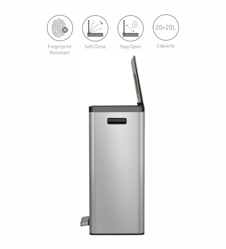Image of Obsessions EKO Stainless Steel Dual Step Trash Can for Recycling, 20+20L Rectangular Kitchen Dustbin, Independent Pedals and Lids, Soft Close and Fingerprint Resistant, Metallic