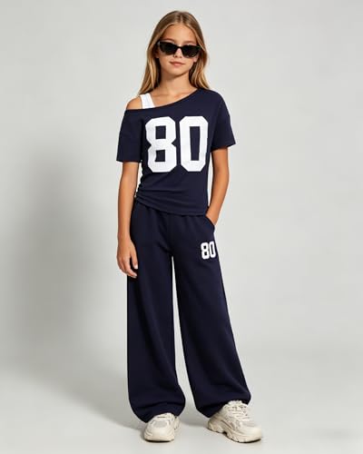 Image of Teen Girls Clothes Off the Shoulder Top and Wide Leg Pants Matching Outfit Set with Pockets Size 7-16