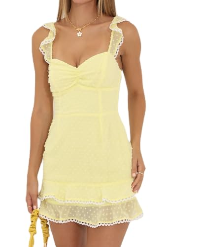 Image of NUFIWI Y2K Ruffle Hem Babydoll Mini Dresses Square Neck Spaghetti Strap Short Dresses Boho Flowy Patchwork Sundress Vocation