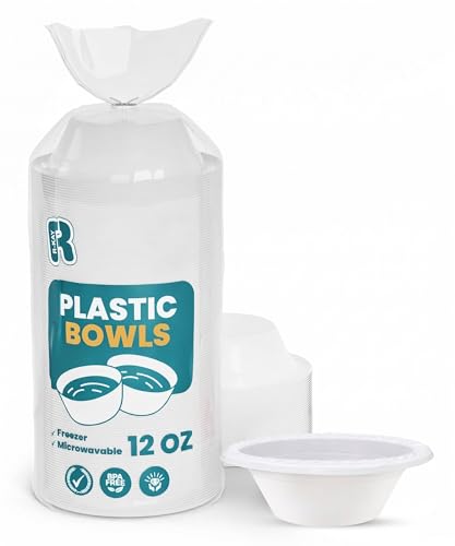R-kay Plastic Bowls - 100 Count Microwavable Disposable Bowls - Strong Heavy Duty And Sturdy White Plastic Bowls Disposable (12 OZ 100)