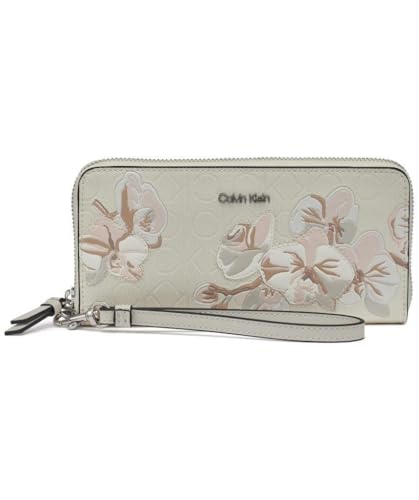 Calvin Klein Item chave Saffiano Continental Zip Around Wallet com alça de pulso, Relevo floral creme, One Size