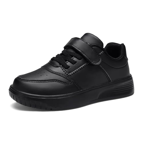 KKTOTO Boys Black School Shoes Girls Trainers Light Weight Fashion Hook and Loop Kids Walking Running Sneaker Size 2 UK