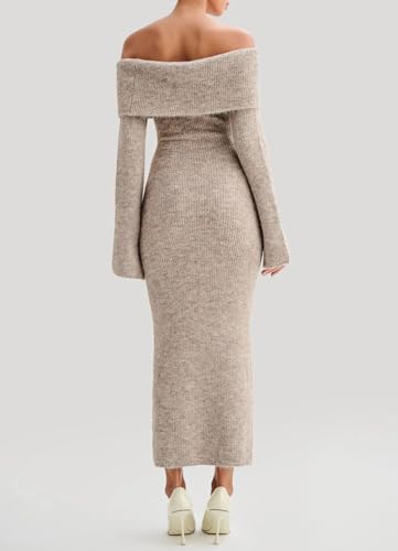 Womens Long Sleeve Off Shoulder Ribbed Knit Crochet Maxi Dress Slim Fit Bodycon Sweater Dress 2025 Trendy Outfits3