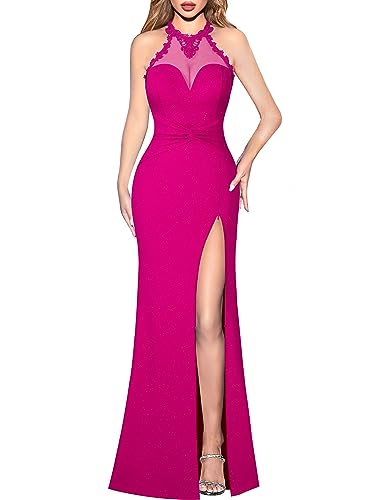 Image of VFSHOW Womens Formal Halter Keyhole Back Prom Gala Maxi Dress Evening Gown | Sexy Illusion Sweetheart Neck, High Slit, Wedding Guest, Applique, Twist Front Mermaid Dresses