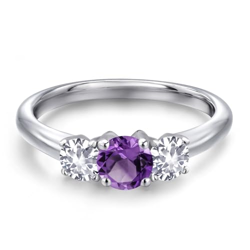 Gem Stone King 925 Sterling Silver Purple Amethyst and White Created Sapphire Engagement Ring For Women | 0.98 Cttw | Round 5MM | Gemstone February Birthstone | Available in Size 5,6,7,8,93
