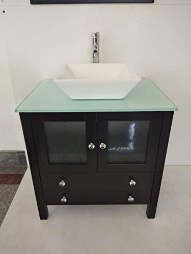 Qierao 30 Inch Freestanding Wooden Modern Bathroom Vanity Ceramic Sink Vessel Set Bathroom Mirror Included (30 Inch, Black) #TOP4